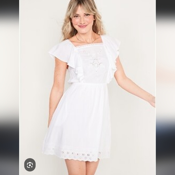 Old Navy Waist Defined Flutter Sleeve Tie Back Mini Dress Size Medium Eyelet - Picture 2 of 10